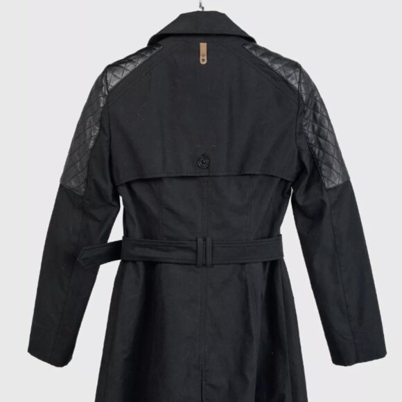 Mackage Black Cotton Quilted-Leather-Trim Belted Trench Coat - Picture 2 of 15